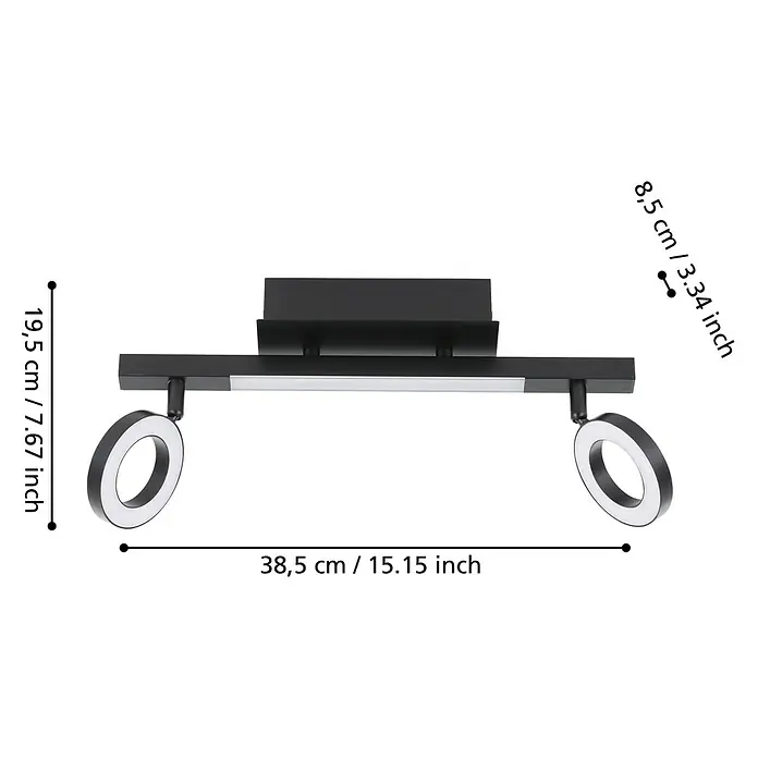 Eglo Cardillio 2 LED-Deckenstrahler - 9,7 W, L x B x H: 38,5 x 8,5 x 17,5 cm, Schwarz, Warmweiß, 3 Stk. - Eine schwarze Deckenleuchte mit zwei runden LED-Strahlern und mittigem LED-Band.
