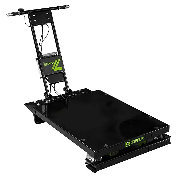 Zipper Scherenhubwagen ZI-SHW300 - Länge Arbeitsplatte: 100 cm, 60 cm, Max. Ladegewicht: 300 kg - Schwarzer elektrischer Scherenhubtisch mit Griff und grünem ZIPPER-Logo.
