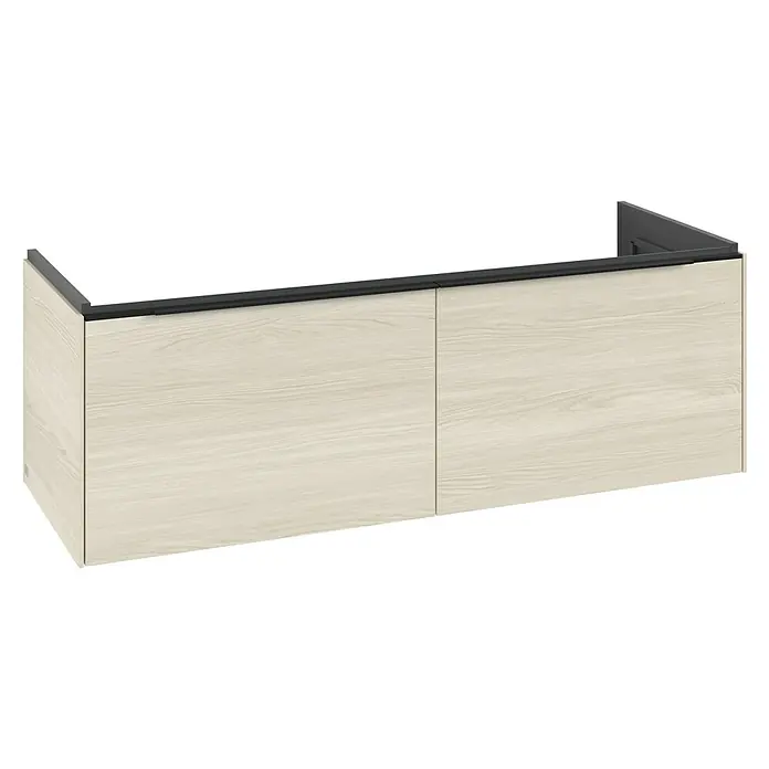 Villeroy & Boch Subway 3.0 Waschbeckenunterschrank - White Oak, Anzahl Schubladen: 2 Stk., Farbe Griff: Volcano Black, B x T x H: 127,2 x 47,8 x 42,9 cm, Mit Beleuchtung, Geeignet für Doppelwaschtisch - Heller Holzschrank mit zwei Türen und dunkelgrauen integrierten Griffen.