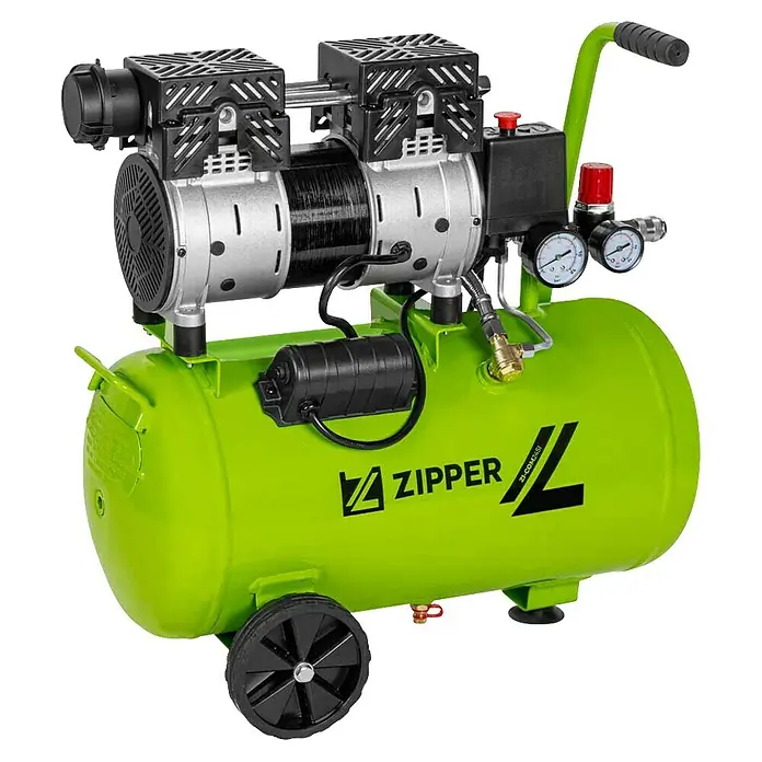 Zipper Flüsterkompressor ZI-COM24SI - Max. Druck: 8 bar, 24 l, Schmierung: Ohne - Tragbarer Luftkompressor mit grünem Tank, schwarzen Rädern und zwei silbernen Kompressorköpfen, mit Manometern und Griff.