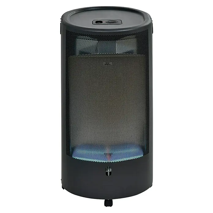 Firefix Gasheizer Chic 4200 Classic - L x B x H: 39 x 43,5 x 78 cm, Schwarz - Nahaufnahme eines schwarzen Terrassenheizers mit blauem Licht, ideal für den Außenbereich.