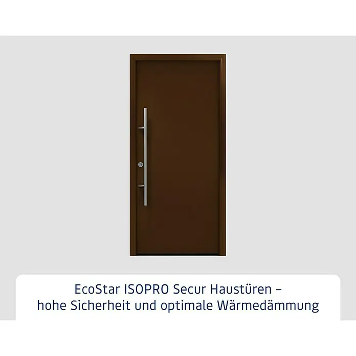 Hörmann EcoStar Haustür ISOPRO Secur IPS 010 - 110 x 210 cm, DIN Anschlag: Links, Terrabraun - Eine braune Eingangstür mit langem, vertikalem silbernem Griff und Schlüsselloch.
