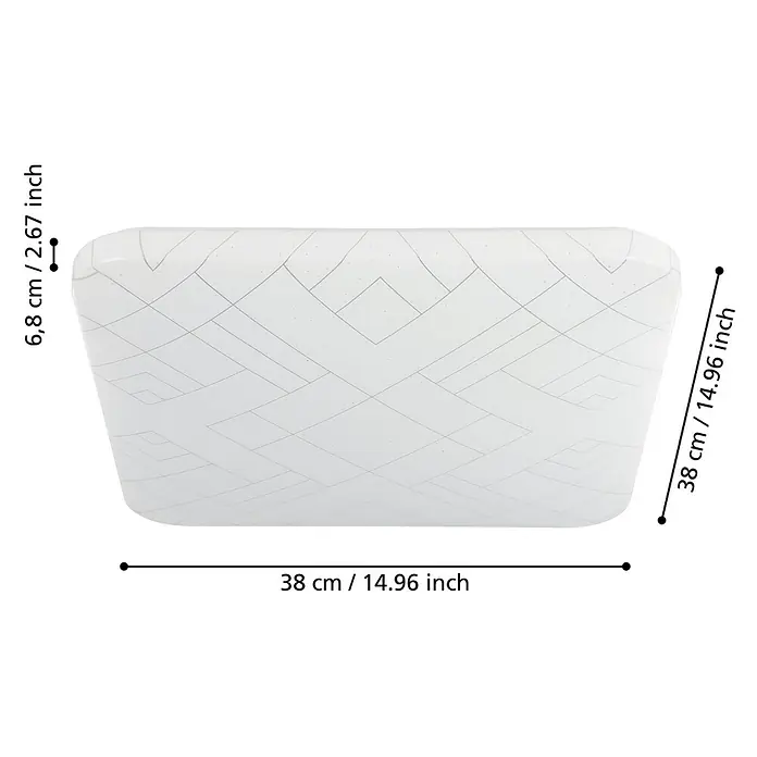 Eglo LED-Deckenleuchte RENDE eckig - 19,5 W, L x B x H: 38 x 38 x 6 cm, Weiß, Warmweiß, Eckig - Abbildung einer Deckenleuchte mit geometrischem Muster und Größenangaben.