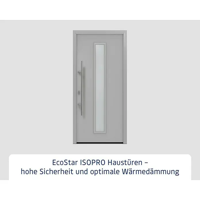 Hörmann EcoStar Haustür ISOPRO IP 020S - 110 x 210 cm, DIN Anschlag: Links, Weißaluminium - Hellgraue Haustür mit vertikalem Milchglaseinsatz und langem silbernem Griff.