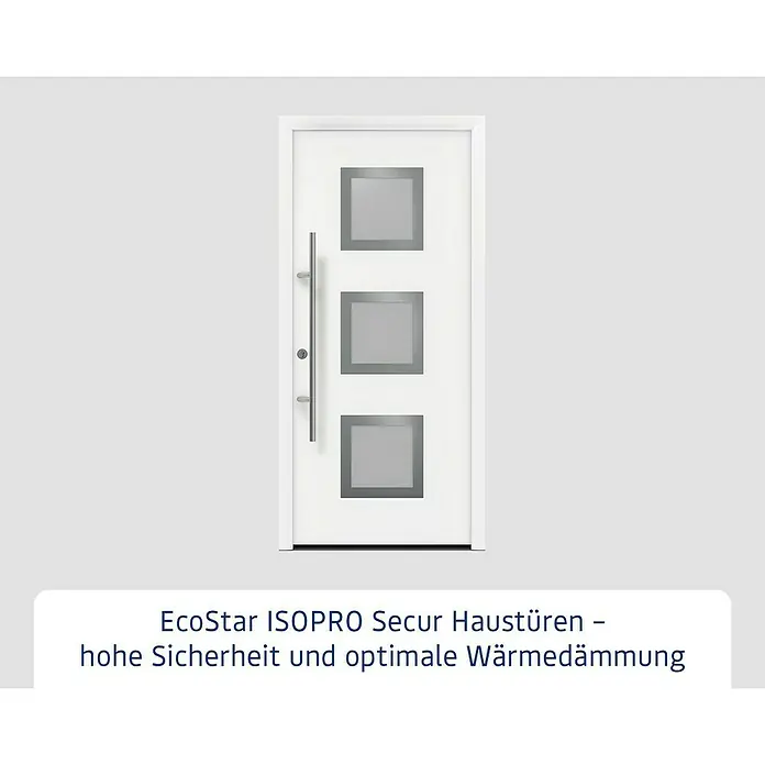 Hörmann EcoStar Haustür ISOPRO Secur IPS 810S - 110 x 210 cm, DIN Anschlag: Links, Verkehrsweiß - Weiße EcoStar ISOPRO Secur Haustür mit drei grauen Fenstereinsätzen und langem silbernen Griff.