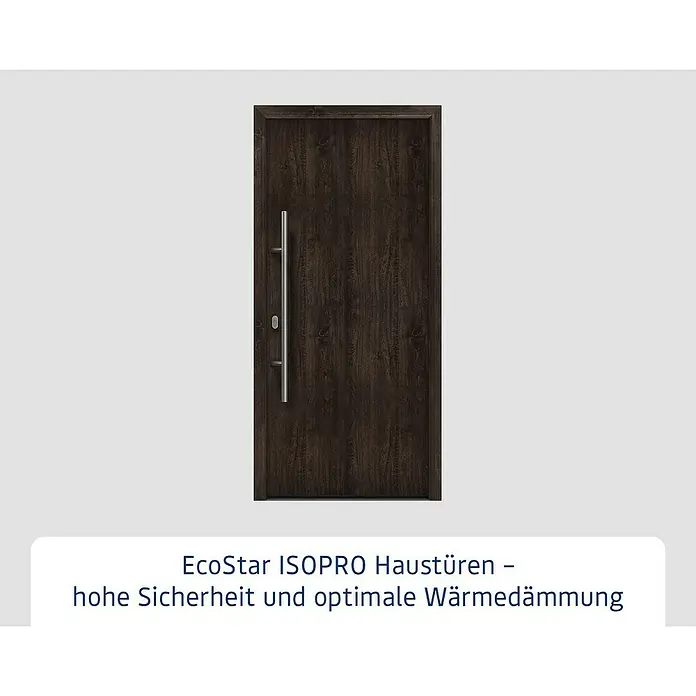 Hörmann EcoStar Haustür ISOPRO IP 010 - 110 x 210 cm, DIN Anschlag: Links, Night Oak - Dunkelbraune Haustür mit Holzmaserung und langem, vertikalem silbernem Griff.