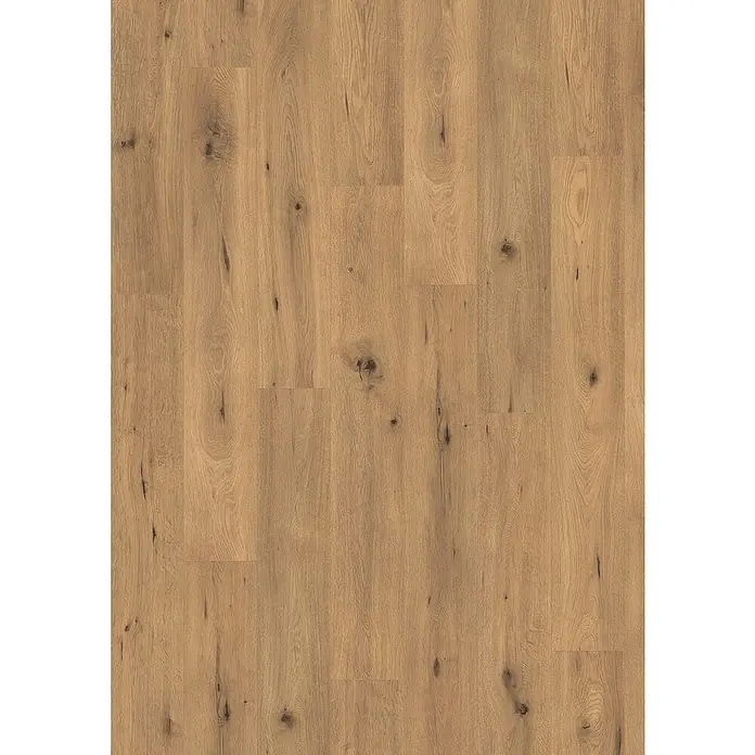 Egger Laminat NatureSense - Wildeiche Natur, Landhausdiele, 1.292 x 193 x 7 mm - Hellbraune Eichenholz-Dielen mit natürlicher Maserung und sichtbaren Ästen.