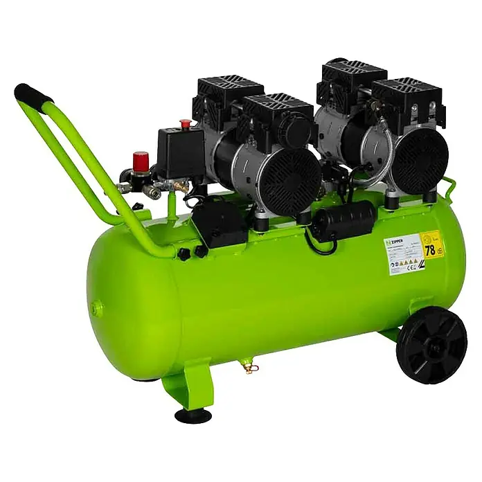 Zipper Flüsterkompressor ZI-COM50SI - 1.500 W, Max. Druck: 8 bar, 50 l, Schmierung: Ohne - Hellgrüner, tragbarer Luftkompressor mit mehreren Kompressoreinheiten, Rädern und Griff.