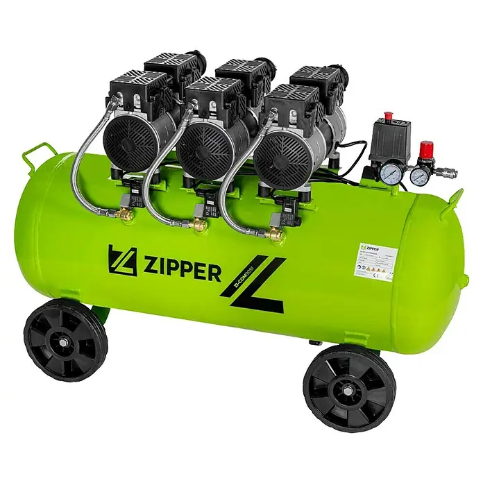 Zipper Flüsterkompressor ZI-COM90SI - 2.250 W, Max. Druck: 8 bar, 90 l, Schmierung: Ohne - Hellgrüner Kompressor mit sechs Motorköpfen, horizontalem Tank, zwei Rädern und Manometern.