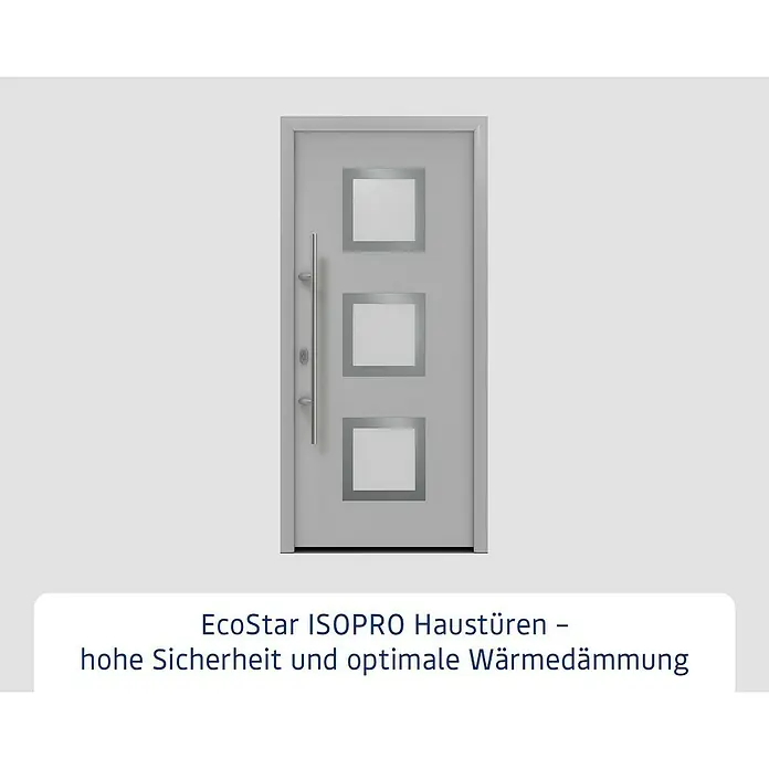 Hörmann EcoStar Haustür ISOPRO IP 810S - 110 x 210 cm, DIN Anschlag: Links, Weißaluminium - Hellgraue Haustür mit drei quadratischen Glaseinsätzen und langem, vertikalem silbernem Griff.
