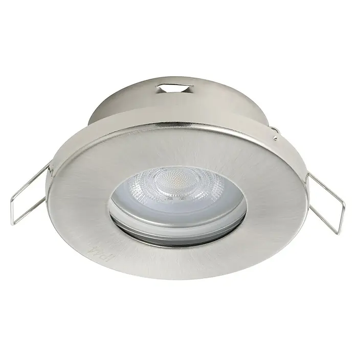 Eglo LED-Einbauleuchten-Set Favazzina - 4 W, Warmweiß, Nickel, Durchmesser: 8,5 cm - Nahaufnahme einer eingelassenen LED-Leuchte mit gebürsteter Metalloberfläche, die modernes Design und Energieeffizienz vereint.