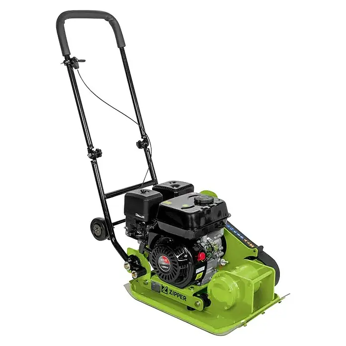 Zipper Rüttelplatte ZI-RPE60E - 4.000 W, Verdichtungstiefe: 150 mm - Hellgrüne Rüttelplatte mit schwarzem Motor und Griff, für Bodenverdichtung.