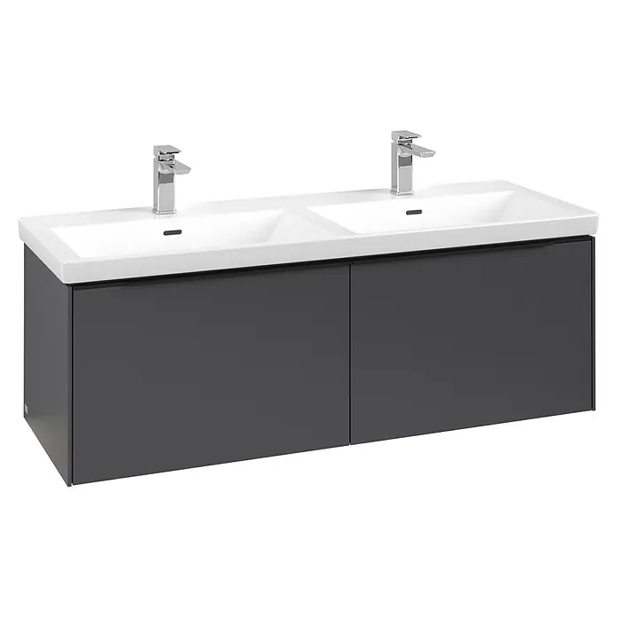 Villeroy & Boch Subway 3.0 Waschbeckenunterschrank - Graphite, Anzahl Schubladen: 2 Stk., Farbe Griff: Volcano Black, B x T x H: 127,2 x 47,8 x 42,9 cm, Mit Beleuchtung, Geeignet für Doppelwaschtisch - Dunkelgrauer Doppelwaschtischunterschrank mit weißen Keramikbecken und Chromarmaturen.