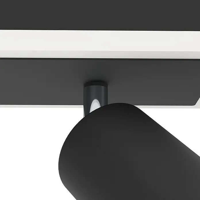 Eglo LED-Einbauleuchte Rimbocchi - 12 W, L x B x H: 34 x 10 x 14 cm, Schwarz, Warmweiß - Nahaufnahme einer modernen schwarzen Deckenleuchte mit zylindrischem Lampenkopf und schlichtem Design, ideal für stilvolle Innenräume.