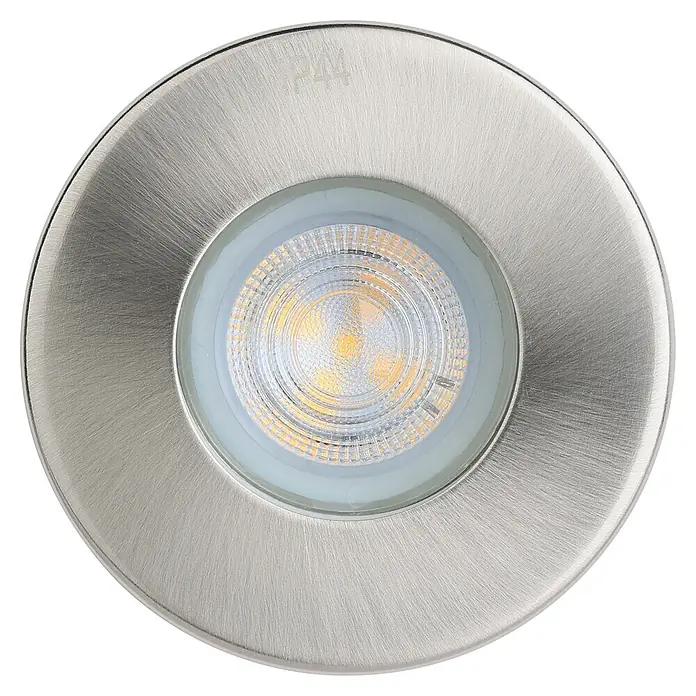 Eglo LED-Einbauleuchten-Set Favazzina - 4 W, Warmweiß, Nickel, Durchmesser: 8,5 cm - Nahaufnahme einer runden LED-Einbauleuchte mit gebürstetem Metalleffekt. Ideal für moderne Beleuchtungskonzepte im Innen- und Außenbereich.