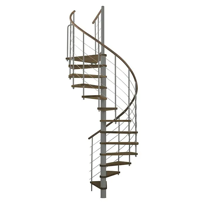 Minka Spindeltreppe Venezia - Durchmesser: 120 cm, Grau, Farbe Stufen: Buche Walnuss gebeizt, Geschosshöhe: 305,5 cm - Eine spiralförmige Treppe aus Holzstufen und Metallgeländern, ideal für moderne Innenräume. Das elegante Design fügt sich nahtlos ein.