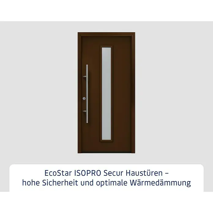 Hörmann EcoStar Haustür ISOPRO Secur IPS 020S - 110 x 210 cm, DIN Anschlag: Links, Terrabraun - Braune Haustür mit langem silbernen Griff und vertikalem Milchglaseinsatz.