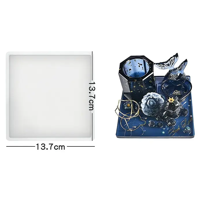 CreativEpoxy Gießform Silikonformen-Set - Untersetzer, Silikon - Blauer Harz-Schreibtisch-Organizer mit Stifthalter, Herzschale und Schmetterlingsdekor, daneben eine quadratische Silikonform.
