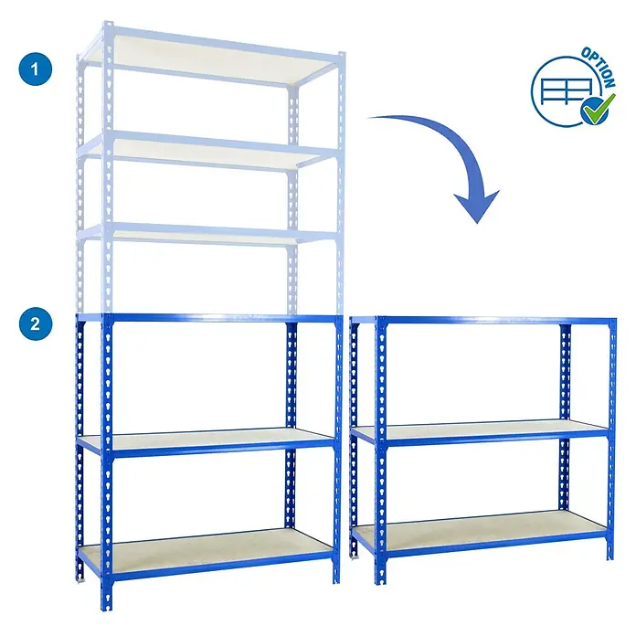 Simonrack Maderclick Estantería metálica Megaplus - Al x An x Pr: 250 x 120 x 50 cm, Capacidad de carga por balda: 200 kg, Número de baldas: 6 ud., Inserción, Azul/Madera - Estantería metálica azul con baldas beige claro, transformable de una unidad alta a dos unidades más cortas.
