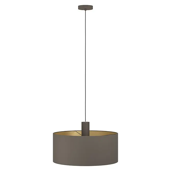 Eglo Concessa 1 Pendelleuchte - Ø x H: 530 mm x 150 cm - Graue Pendelleuchte mit zylindrischem Lampenschirm und goldener Innenseite, hängt an einer schlanken Stange von der Decke.