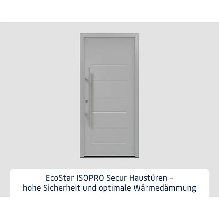Hörmann EcoStar Haustür ISOPRO Secur IPS 015 - 110 x 210 cm, DIN Anschlag: Links, Weißaluminium - Eine moderne graue EcoStar ISOPRO Haustür mit horizontalen Rillen und langem Stangengriff, die hohe Sicherheit und optimale Wärmedämmung bietet.