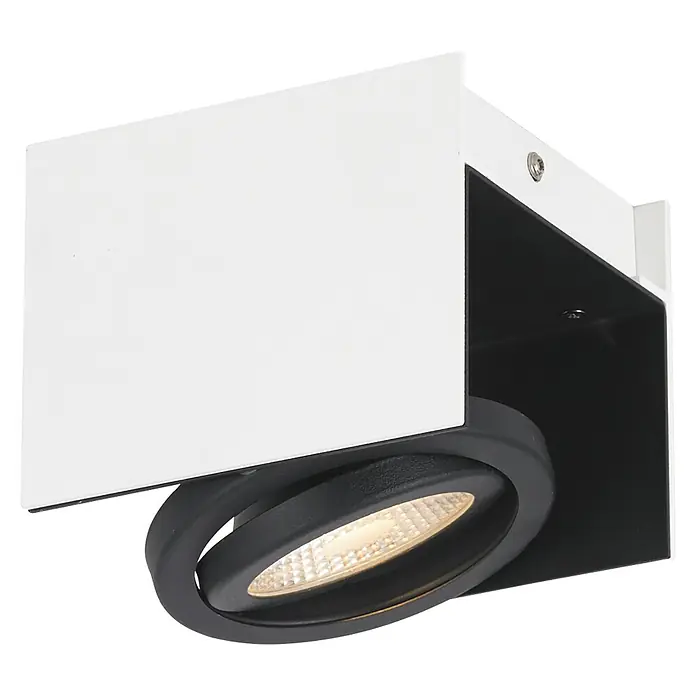 Eglo LED-Deckenstrahler Vidago - L x B x H: 14 x 13 x 11 cm, Schwarz, Weiß, 1 Stk. - Nahaufnahme einer modernen, weißen LED-Deckenspotleuchte mit schwarzem, verstellbarem Lampenkopf, ideal für stilvolle Innenraumbeleuchtung.