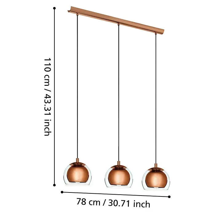 Eglo Pendelleuchte rund Rocamar - Höhe: 110 cm, Kupfer/Klar, 120 W - Dreifache Pendelleuchte mit klaren Glaskugeln und kupferfarbenen Akzenten, modernes Design und elegante Beleuchtung für Ihr Zuhause.