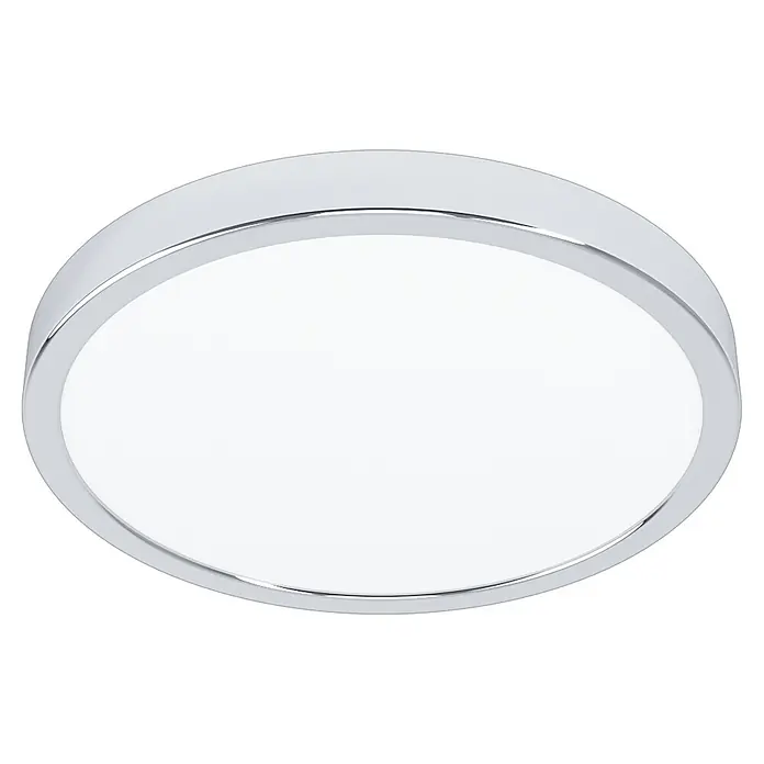 Eglo Fueva 5 LED-Deckenleuchte rund - 20 W, Ø x H: 285 mm x 2,8 cm, Chrom, Warmweiß - Nahaufnahme einer runden, weißen Deckenleuchte mit einem eleganten Chromrahmen, die modernes Design und Funktionalität vereint.