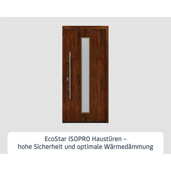 Hörmann EcoStar Haustür ISOPRO IP 020S - 110 x 210 cm, DIN Anschlag: Links, Dark Oak - Braune Haustür in Holzoptik mit vertikalem Milchglaseinsatz und modernem silbernem Stangengriff.