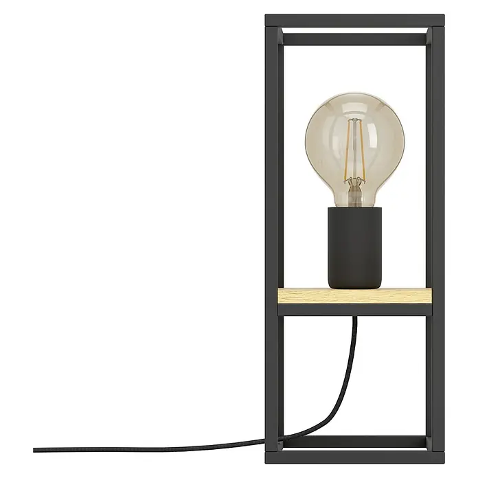 Eglo Libertad Deko-Tischleuchte LIBERTAD - L x B x H: 14 x 14 x 35 cm - Nahaufnahme einer modernen Tischleuchte mit Edison-Glühbirne in einem minimalistischen Rahmen. Elegantes Design für stilvolle Beleuchtung.