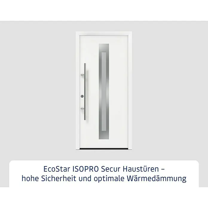 Hörmann EcoStar Haustür ISOPRO Secur IPS 770S - 110 x 210 cm, DIN Anschlag: Links, Verkehrsweiß - Weiße Haustür mit vertikalem satiniertem Glaseinsatz und gebürstetem Bügelgriff.