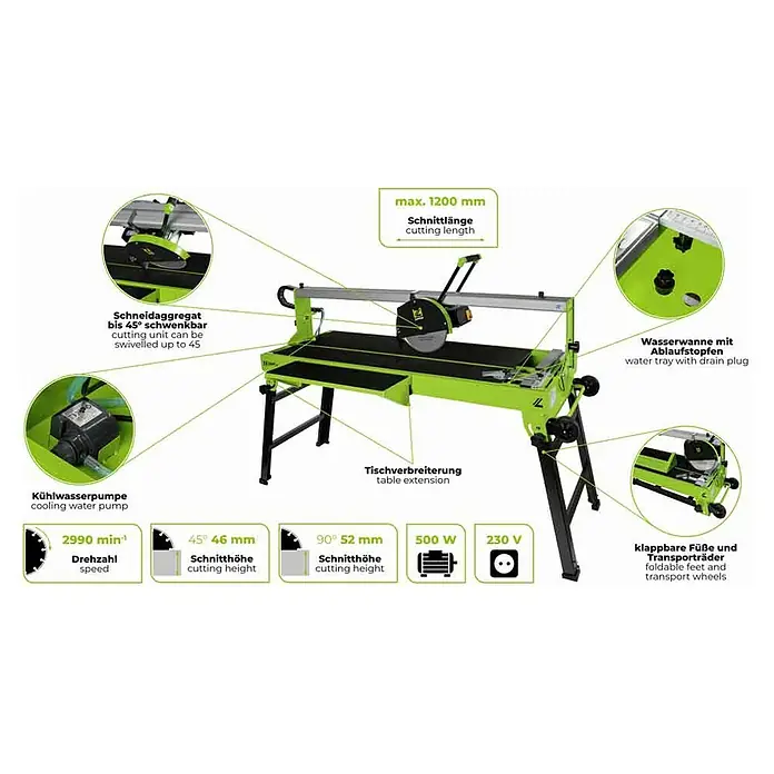 Zipper Elektro-Fliesenschneider ZI-FS250-1200 - 500 W, Max. Schnittlänge: 1.200 mm, Schnitttiefe bei 90 °: 46 mm - Grün-schwarze Fliesenschneidmaschine mit Kühlwasserpumpe, klappbaren Füßen und Transporträdern, für max. 1200mm Schnittlänge.