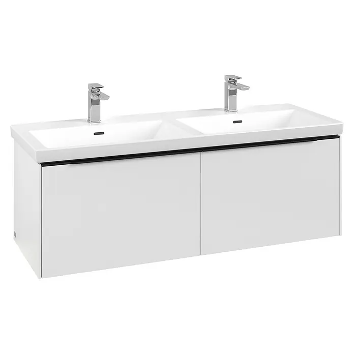 Villeroy & Boch Subway 3.0 Waschbeckenunterschrank - Pure White, Anzahl Schubladen: 2 Stk., Farbe Griff: Volcano Black, B x T x H: 127,2 x 47,8 x 42,9 cm, Mit Beleuchtung, Geeignet für Doppelwaschtisch - Weißer Doppelwaschtisch mit zwei integrierten Becken und Chromarmaturen. Modernes wandmontiertes Design.