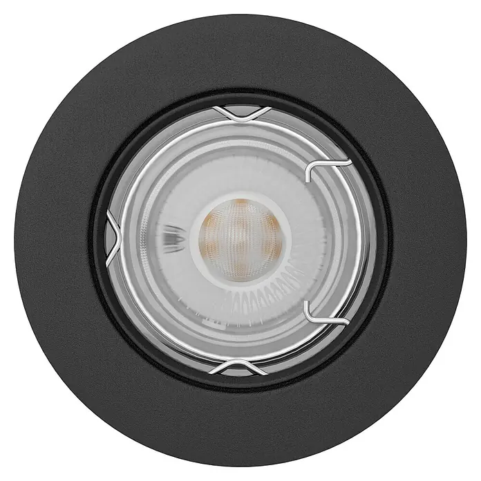 Eglo LED-Einbauleuchte PENETO - Warmweiß, Durchmesser: 7,8 cm, 1 Stk. - Nahaufnahme einer schwarzen LED-Einbauleuchte mit silbernen Halteklammern und einem hellen, runden LED-Leuchtmittel im Zentrum.