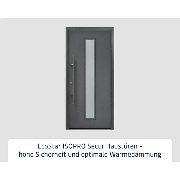 Hörmann EcoStar Haustür ISOPRO Secur IPS 020S - 110 x 210 cm, DIN Anschlag: Links, CH 703 Anthrazit Metallic - Dunkelgraue moderne Haustür mit langem Silbergriff und vertikalem Glaseinsatz.