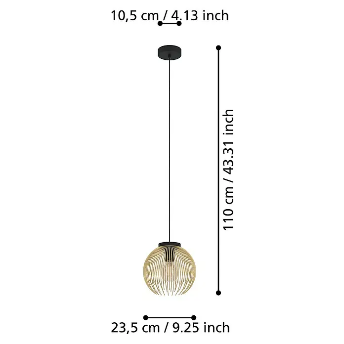 Eglo Venezuela Pendelleuchte rund - 40 W, Ø x H: 23,5 x 110 cm, Schwarz/Gold, E27 - Abbildung einer Pendelleuchte mit goldenem Schirm, die ihre Abmessungen in Zentimetern und Zoll zeigt, für Installationszwecke.