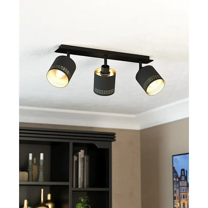 Eglo Esteperra Deckenstrahler ESTEPERRA - 84 W, Schwarz, E27, 3 Stk. - Moderne Deckenleuchte mit drei Strahlern. Die Lampen sind schwarz mit goldenem Muster im Inneren. Perfekt für stilvolle Beleuchtung.