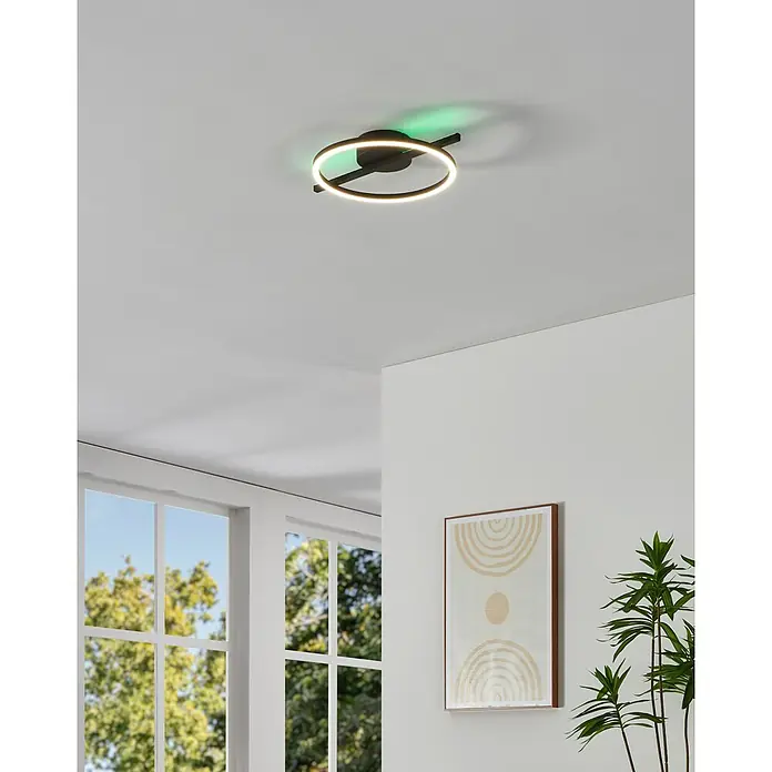 Eglo LED-Deckenleuchte Amandolo - 17 W, L x B x H: 40 x 30 x 6,5 cm, Schwarz, Neutralweiß - Schwarze runde LED-Deckenleuchte montiert, mit weißem Ringlicht und grünem Aufwärtsleuchten.