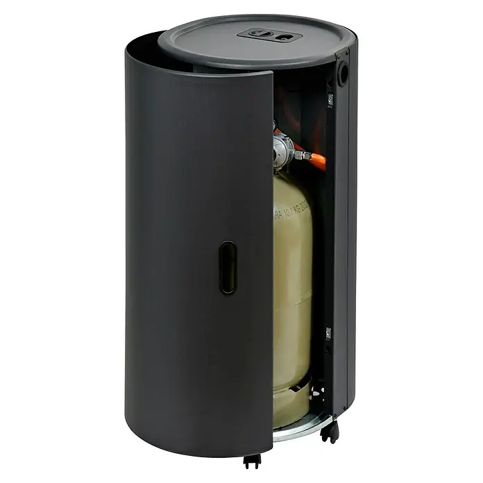 Firefix Gasheizer Chic 4200 Classic - L x B x H: 39 x 43,5 x 78 cm, Schwarz - Nahaufnahme eines Gasheizstrahlers mit offener Tür, der eine Gasflasche zeigt. Ein praktisches Gerät für den Außenbereich, das Wärme spendet.
