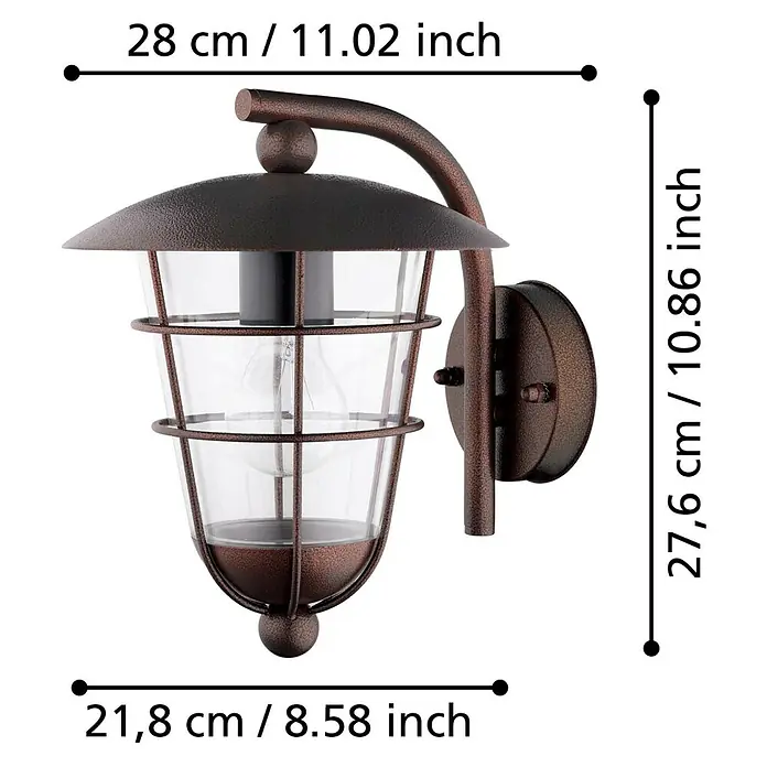 Eglo Außenwandleuchte Pulfero 1 - 60 W, Braun, Klar, IP44 - Dieses Bild zeigt eine Außenwandleuchte in Bronze mit den Maßen 28 x 27,6 x 21,8 cm, die rustikal und einladend wirkt.