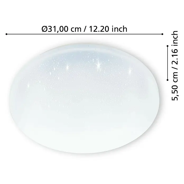 Eglo LED-Deckenleuchte rund Kristall - 18 W, Ø x H: 31 x 5,5 cm, Neutralweiß - Produktbild einer runden, weißen Deckenleuchte mit Sternenmuster und Maßangaben für Durchmesser und Höhe.
