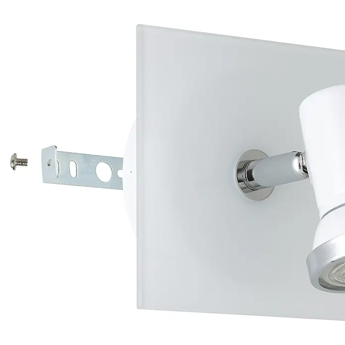 Eglo LED-Wandstrahler Tamara 1 - 3 W, Chrom, Weiß - Nahaufnahme einer Wandleuchte mit weißem Schirm und silbernen Akzenten, Befestigungssystem sichtbar.
