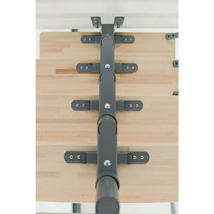 Minka Mittelholmtreppe Style Turn - Breite: 70 cm, Grau, Farbe Stufen: Buche Natur, Geschosshöhe: 304 cm - Detailansicht eines stabilen, grauen Tischgestells mit Holzplattenbefestigung.