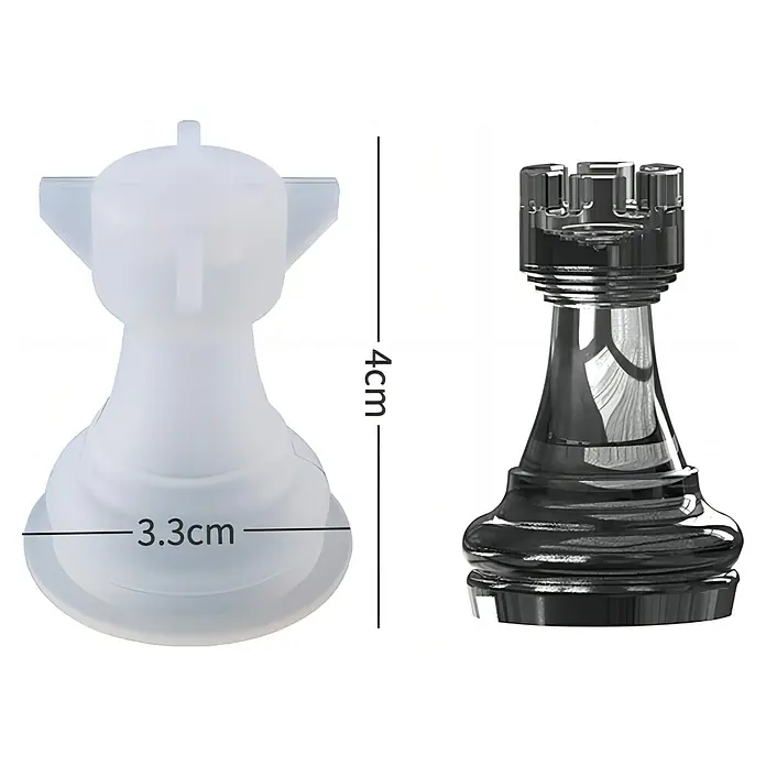 CreativEpoxy Gießform Silikonformen-Set - Schach, Silikon - Weiße transparente Silikonform für einen Schachturm, 4cm hoch mit 3,3cm Basis, zusammen mit einem glänzenden schwarzen fertigen Turm.