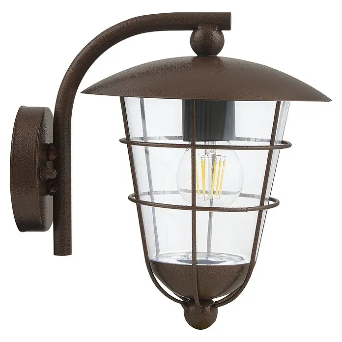Eglo Außenwandleuchte Pulfero 1 - 60 W, Braun, Klar, IP44 - Eine rustikale braune Außenwandleuchte mit einem klaren Glasschirm und einem dekorativen Käfig um die Glühbirne.