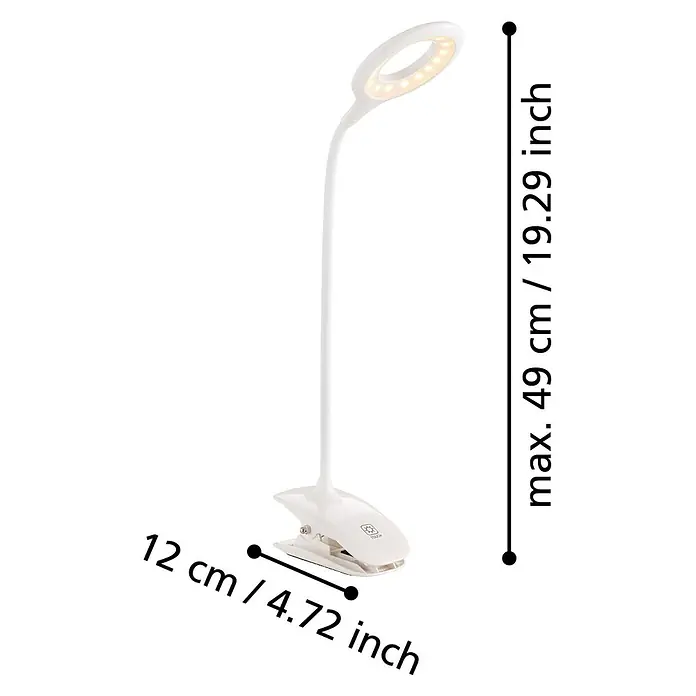 Eglo LED-Klemmleuchte Cabado - L x B x H: 12 x 6,5 x 42 cm - Das Bild zeigt eine LED-Schreibtischlampe mit Clip, die sich ideal für Studenten oder zum Lesen eignet. Die Lampe ist weiß und hat eine flexible Hals.