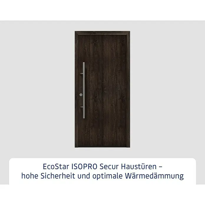 Hörmann EcoStar Haustür ISOPRO Secur IPS 010 - 110 x 210 cm, DIN Anschlag: Links, Night Oak - Dunkelbraune Haustür mit Holzmaserung und langem silbernem Stangengriff.