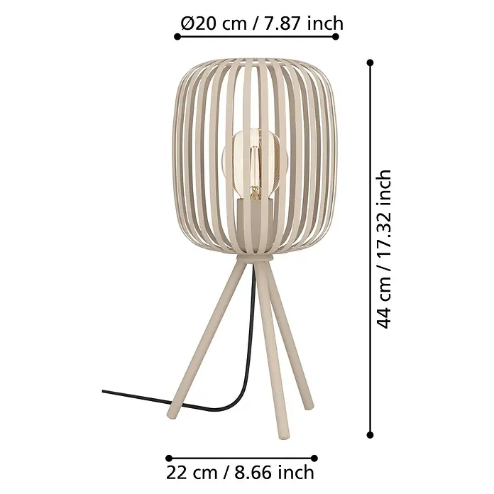 Eglo Romazzina Tischleuchte - 40 W, Sand, E27 - Nahaufnahme einer Tischlampe mit einem Lampenschirm aus hellen Holzstäben und einem Stativfuß.