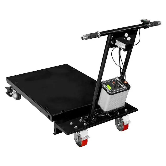 Zipper Scherenhubwagen ZI-SHW300 - Länge Arbeitsplatte: 100 cm, 60 cm, Max. Ladegewicht: 300 kg - Schwarzer elektrischer Plattformwagen mit roten Lenkrollen, Akku und T-Griff mit Bedienelementen.
