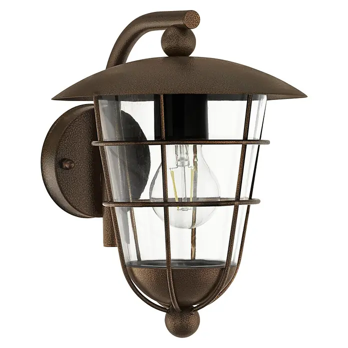 Eglo Außenwandleuchte Pulfero 1 - 60 W, Braun, Klar, IP44 - Eine Außenwandleuchte im rustikalen Stil mit einem klaren Glasgehäuse und einem bronzefarbenen Metallrahmen.